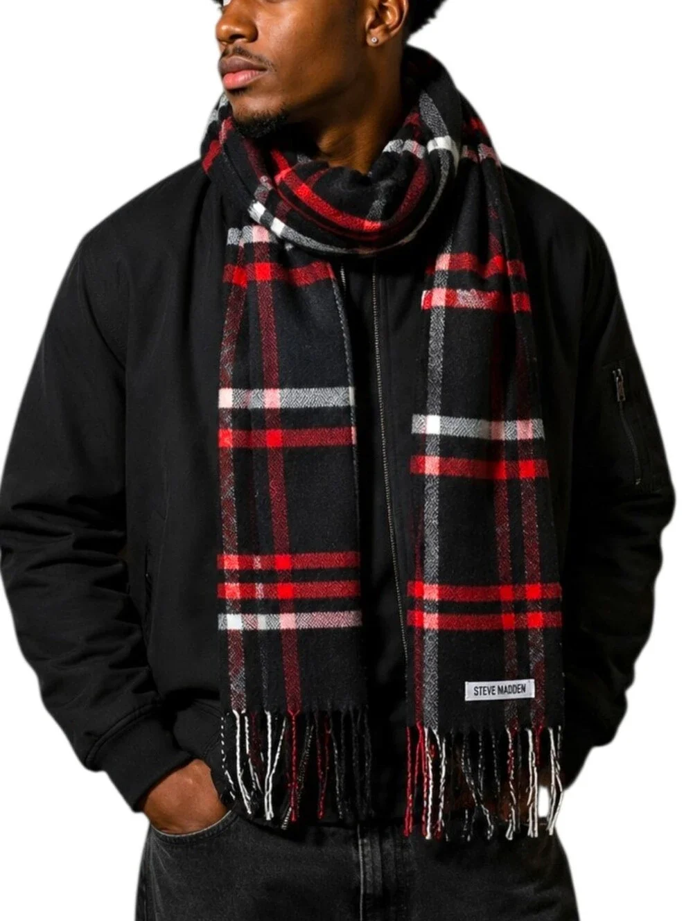 Steve Madden Unisex Black Red Plaid Fringe Scarf Tartan Oversized Wrap Winter